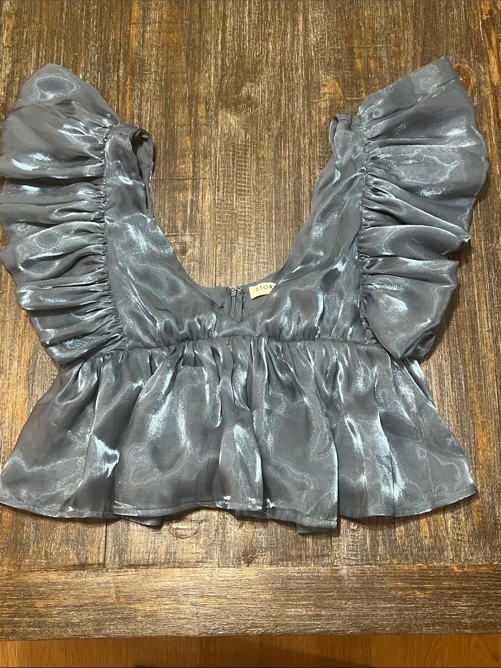 Storia Shimmery Blue Ruffle Sleeve Crop Top
